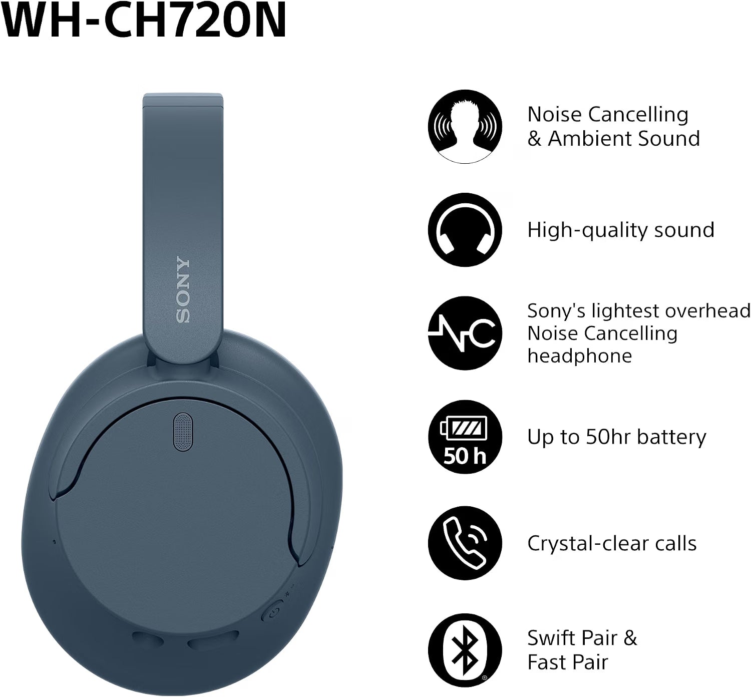 Sony WH-CH720N Wireless Bluetooth Noise Cancelling Over-Ear Headphones, Ambient Sound Mode, Lightweight Design, up to 50 hr battery life, iOS & Android - Blue